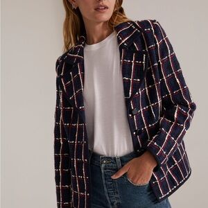 NWT FAVORITE DAUGHTER THE POTENZA CLASSIC TWEED PLAID BLAZER IN NAVY - 10